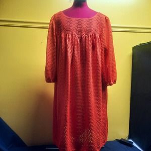 London Times Woman Pumpkin Orange Lace and Open Knit Shift Dress 20W